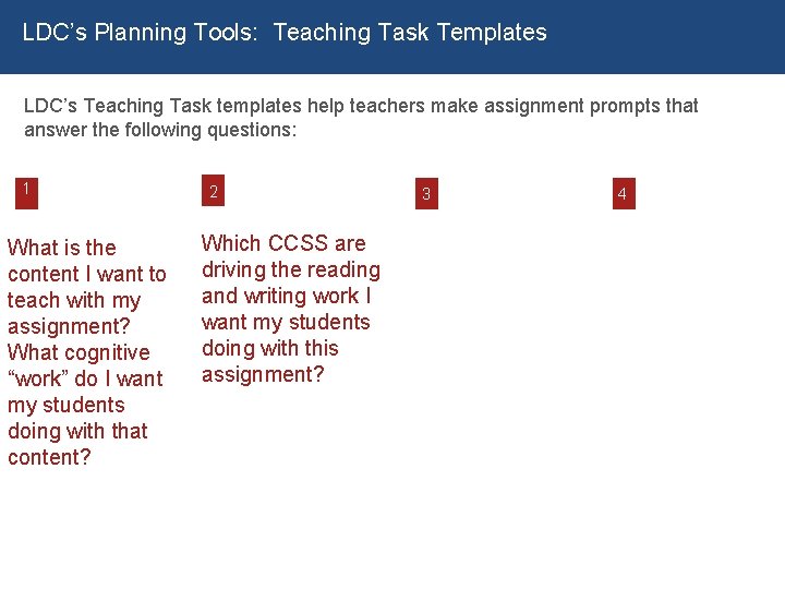 LDC’s Planning Tools: Teaching Task Templates LDC’s Teaching Task templates help teachers make assignment