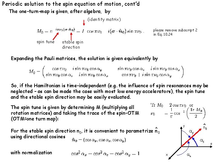 Periodic solution to the spin equation of motion, cont’d The one-turn-map is given, after