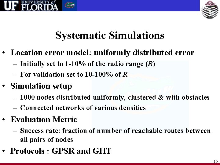 Systematic Simulations • Location error model: uniformly distributed error – Initially set to 1