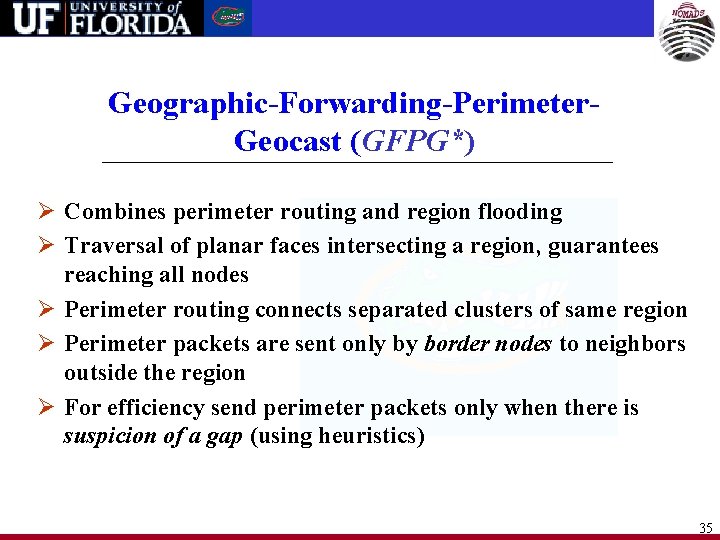 Geographic-Forwarding-Perimeter. Geocast (GFPG*) Ø Combines perimeter routing and region flooding Ø Traversal of planar