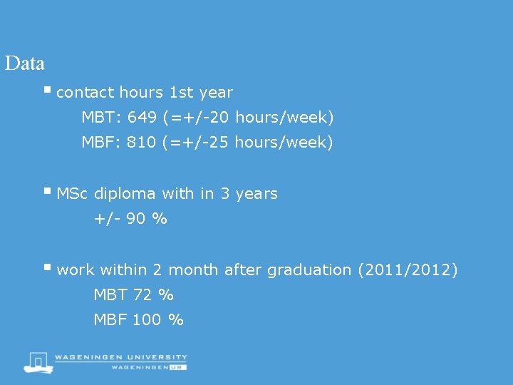 Data § contact hours 1 st year MBT: 649 (=+/-20 hours/week) MBF: 810 (=+/-25