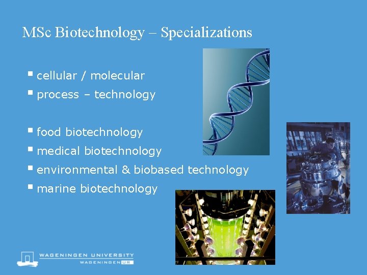 MSc Biotechnology – Specializations § cellular / molecular § process – technology § food