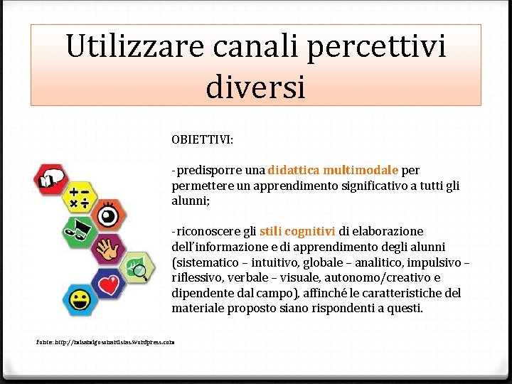 Utilizzare canali percettivi diversi OBIETTIVI: -predisporre una didattica multimodale permettere un apprendimento significativo a