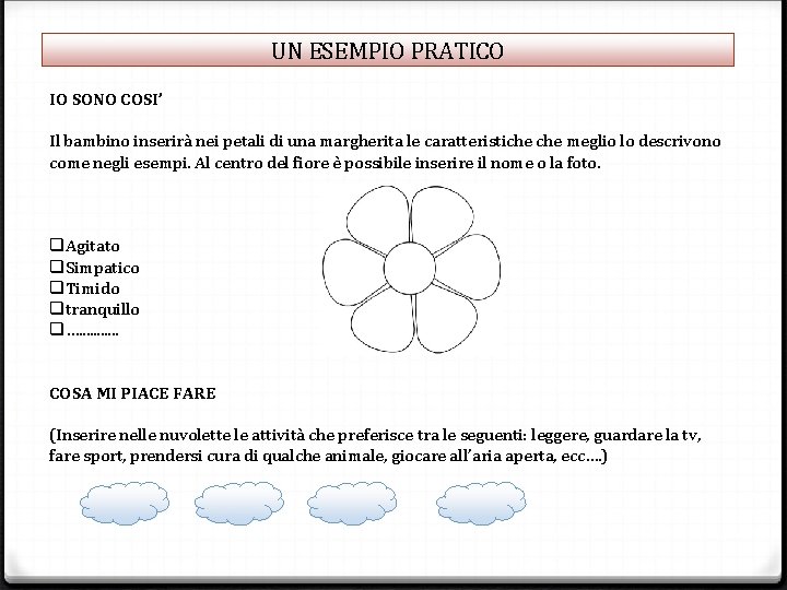 UN ESEMPIO PRATICO IO SONO COSI’ Il bambino inserirà nei petali di una margherita