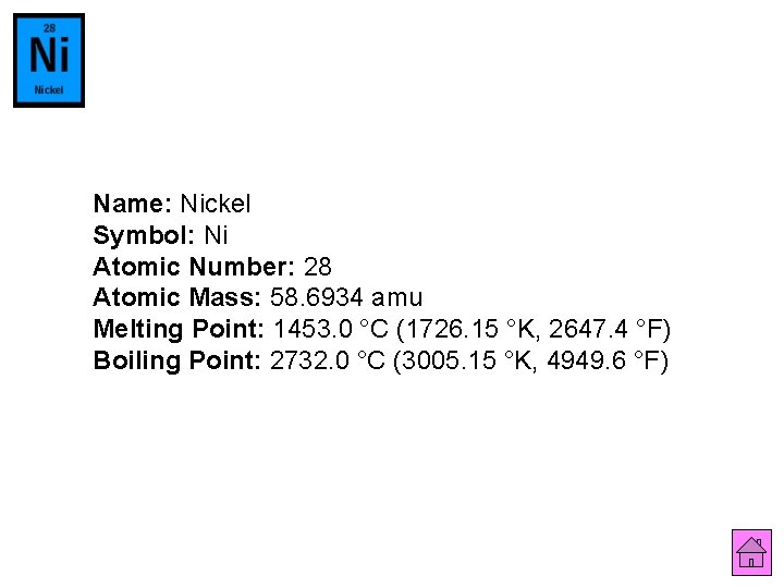 Name: Nickel Symbol: Ni Atomic Number: 28 Atomic Mass: 58. 6934 amu Melting Point: