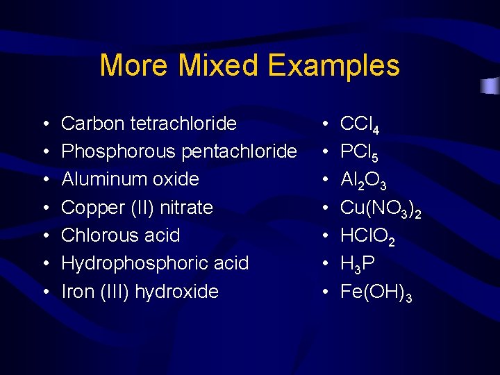 More Mixed Examples • • Carbon tetrachloride Phosphorous pentachloride Aluminum oxide Copper (II) nitrate