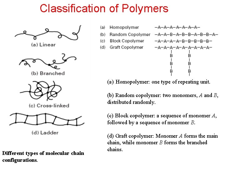 Classification of Polymers (a) Homopolymer: one type of repeating unit. (b) Random copolymer: two