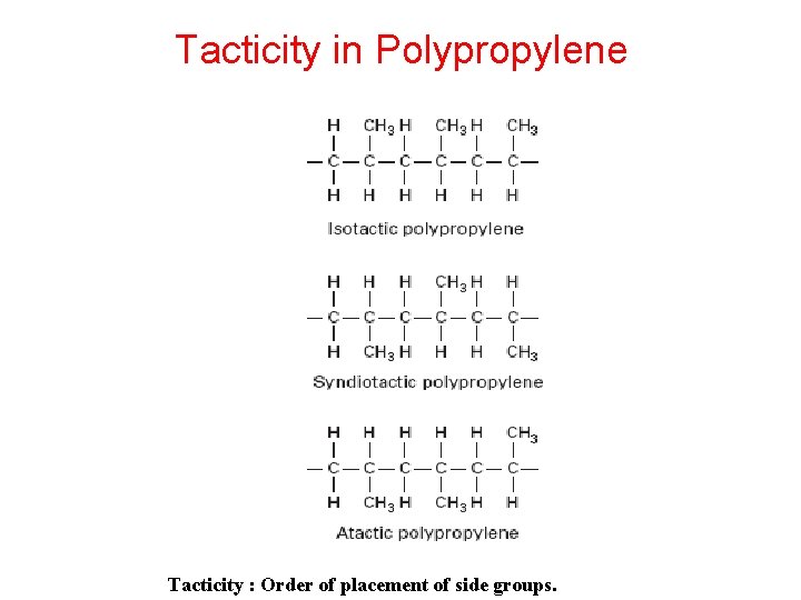 Tacticity in Polypropylene Tacticity : Order of placement of side groups. 