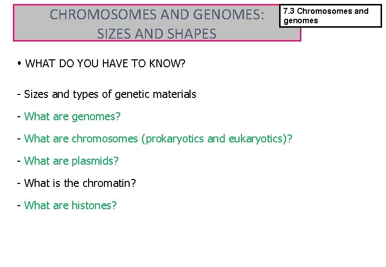 CHROMOSOMES AND GENOMES: SIZES AND SHAPES 7. 3 Chromosomes and genomes WHAT DO YOU