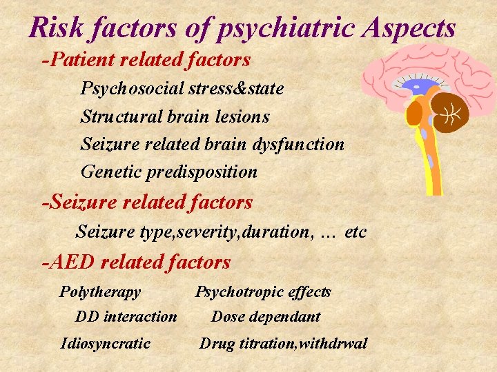 Risk factors of psychiatric Aspects -Patient related factors Psychosocial stress&state Structural brain lesions Seizure