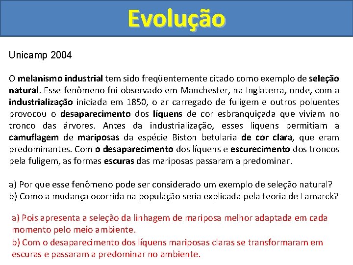 Evolução Unicamp 2004 O melanismo industrial tem sido freqüentemente citado como exemplo de seleção