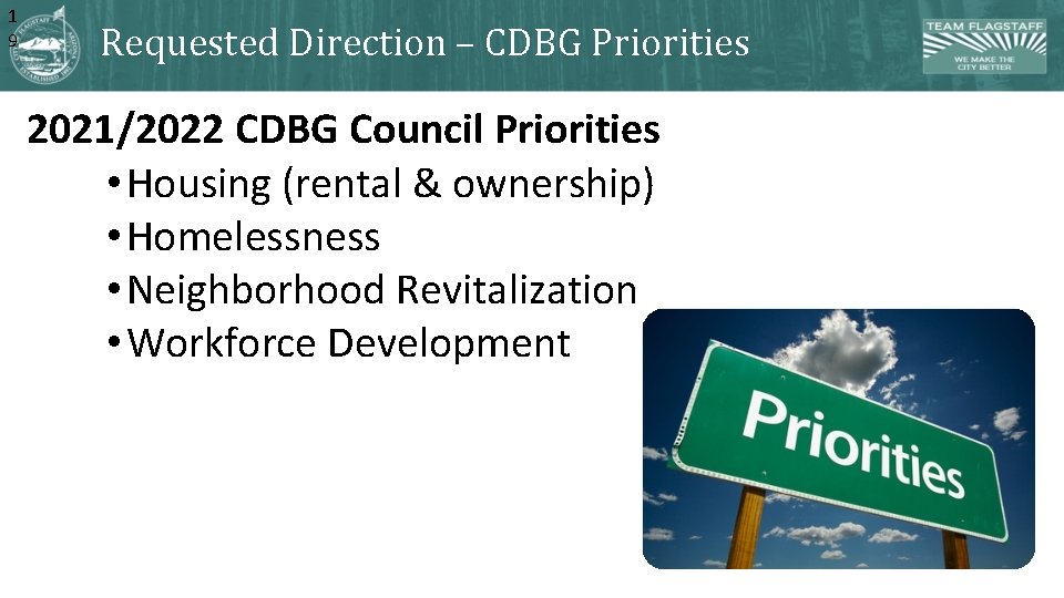 1 9 Requested Direction – CDBG Priorities 2021/2022 CDBG Council Priorities • Housing (rental