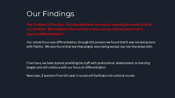 Our Findings Our Problem of Practice: Our data indicated we weren’t meeting the needs