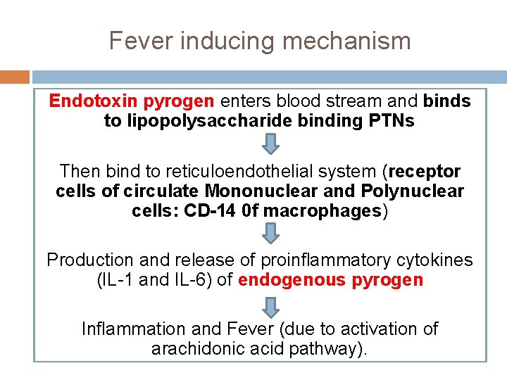 Fever inducing mechanism Endotoxin pyrogen enters blood stream and binds to lipopolysaccharide binding PTNs