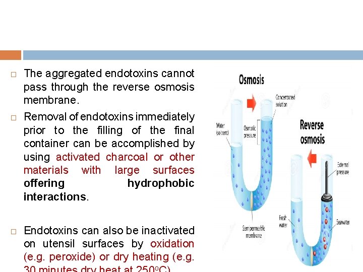 The aggregated endotoxins cannot pass through the reverse osmosis membrane. Removal of endotoxins