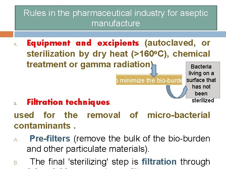 Rules in the pharmaceutical industry for aseptic manufacture 1. 2. Equipment and excipients (autoclaved,