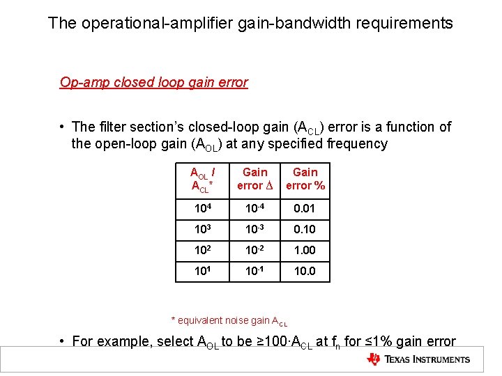 The operational-amplifier gain-bandwidth requirements Op-amp closed loop gain error • The filter section’s closed-loop