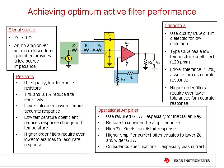 Achieving optimum active filter performance Signal source • Zs→ 0 Ω • An op-amp