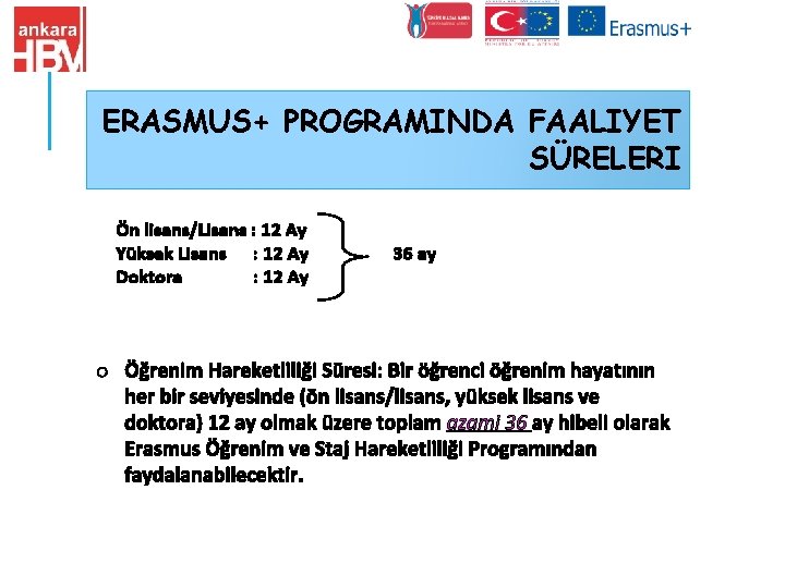 ERASMUS+ PROGRAMINDA FAALIYET SÜRELERI Ön lisans/Lisans : 12 Ay Yüksek Lisans : 12 Ay