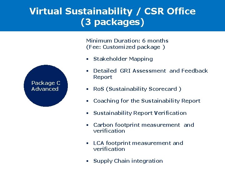 Virtual Sustainability / CSR Office (3 packages) Minimum Duration: 6 months (Fee: Customized package