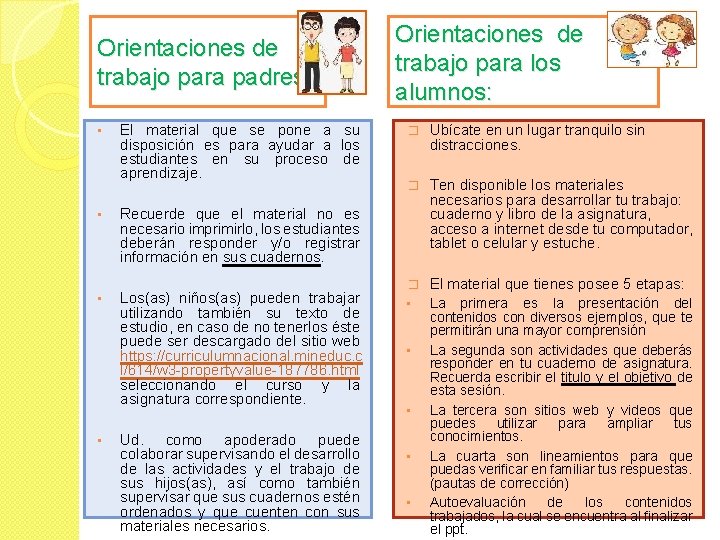 Orientaciones de trabajo para padres: • El material que se pone a su disposición