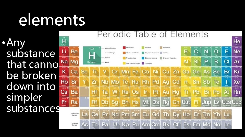 elements • Any substance that cannot be broken down into simpler substances 