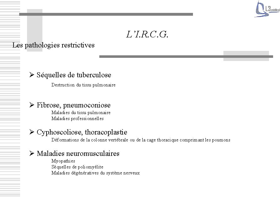 L’I. R. C. G. Les pathologies restrictives Ø Séquelles de tuberculose Destruction du tissu