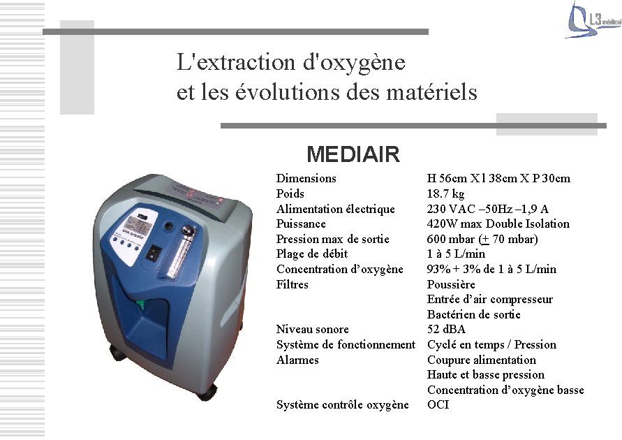 L'extraction d'oxygène et les évolutions des matériels MEDIAIR Dimensions Poids Alimentation électrique Puissance Pression