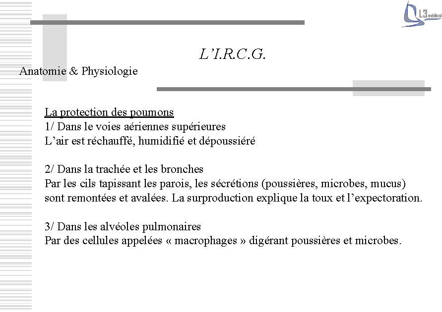 L’I. R. C. G. Anatomie & Physiologie La protection des poumons 1/ Dans le