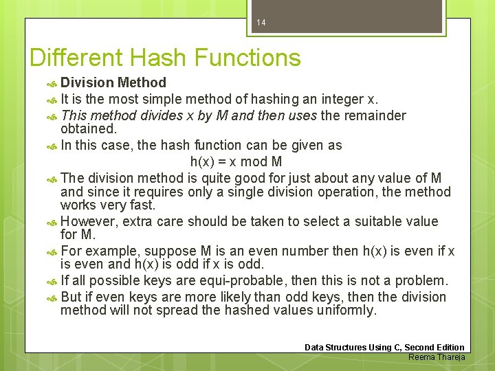 14 Different Hash Functions Division Method It is the most simple method of hashing