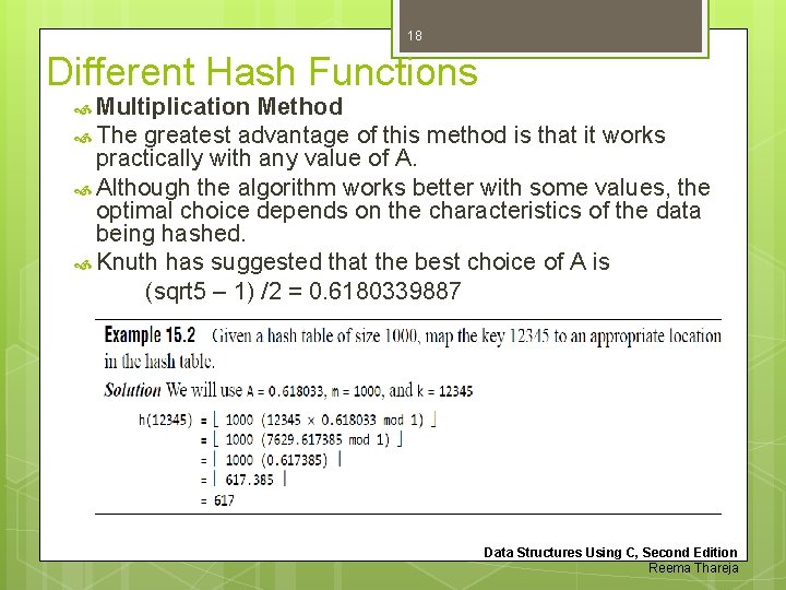 18 Different Hash Functions Multiplication Method The greatest advantage of this method is that