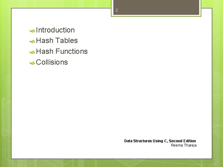 2 Introduction Hash Tables Hash Functions Collisions Data Structures Using C, Second Edition Reema