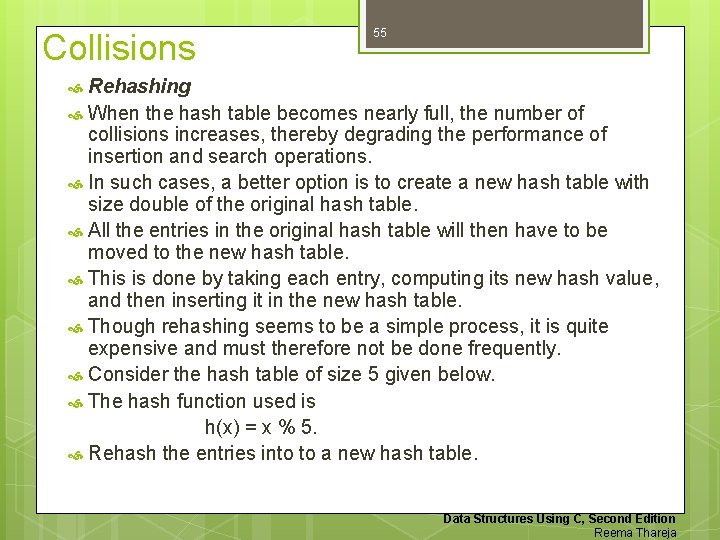 Collisions 55 Rehashing When the hash table becomes nearly full, the number of collisions