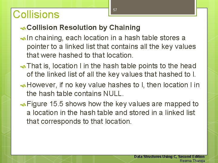 Collisions 57 Collision Resolution by Chaining In chaining, each location in a hash table