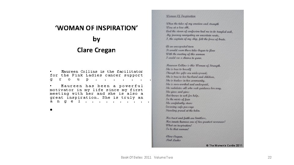 ‘WOMAN OF INSPIRATION’ by Clare Cregan • Maureen Collins is the facilitator for the
