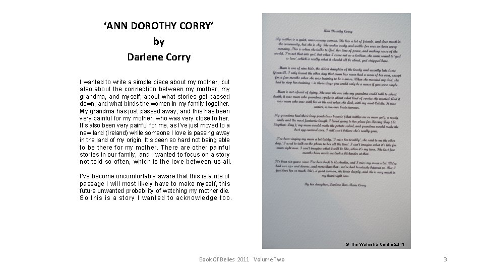 ‘ANN DOROTHY CORRY’ by Darlene Corry I wanted to write a simple piece about
