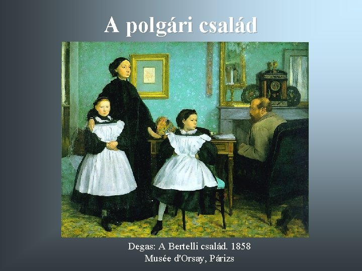 A polgári család Degas: A Bertelli család. 1858 Musée d'Orsay, Párizs 