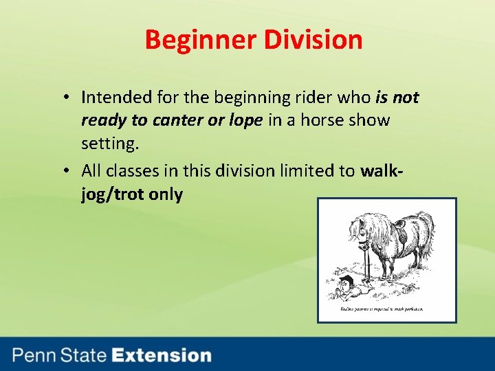 Beginner Division • Intended for the beginning rider who is not ready to canter