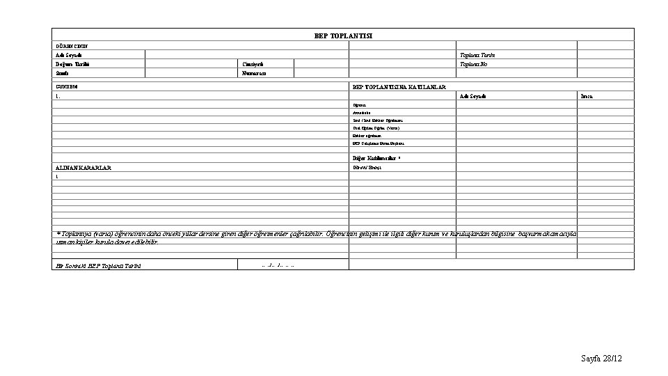 BEP TOPLANTISI ÖĞRENCİNİN Adı Soyadı Toplantı Tarihi Doğum Tarihi Cinsiyeti Sınıfı Numarası Toplantı No