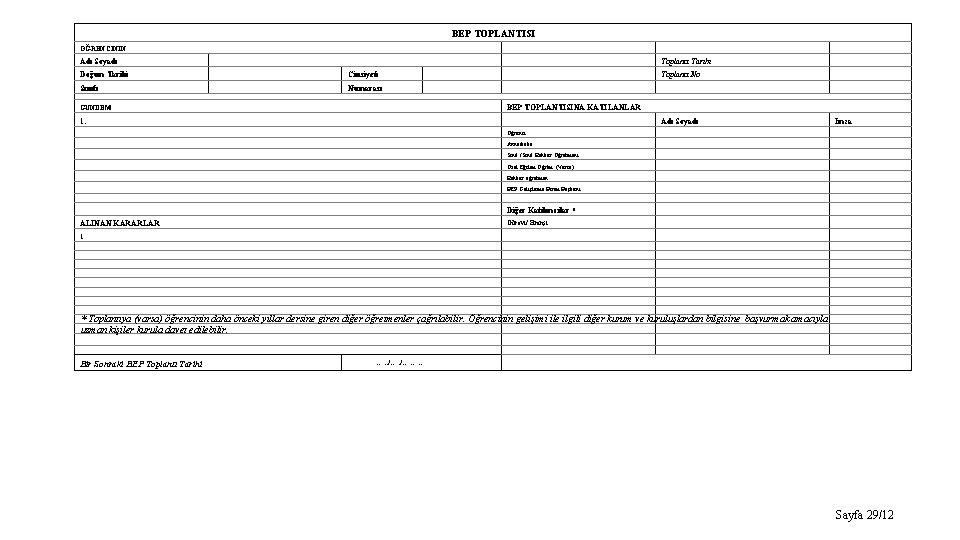 BEP TOPLANTISI ÖĞRENCİNİN Adı Soyadı Toplantı Tarihi Doğum Tarihi Cinsiyeti Sınıfı Numarası Toplantı No
