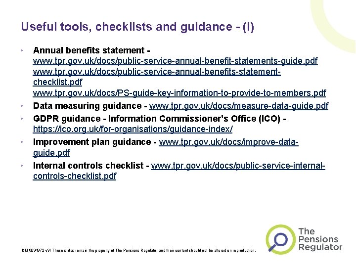 Useful tools, checklists and guidance - (i) • • • Annual benefits statement www.