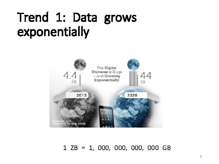 Trend 1: Data grows exponentially 1 ZB = 1, 000, 000 GB 3 