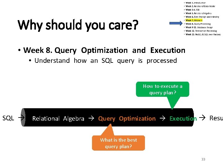 Why should you care? • Week 8. Query Optimization and Execution • Understand how