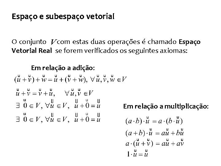 Espaço e subespaço vetorial O conjunto com estas duas operações é chamado Espaço Vetorial