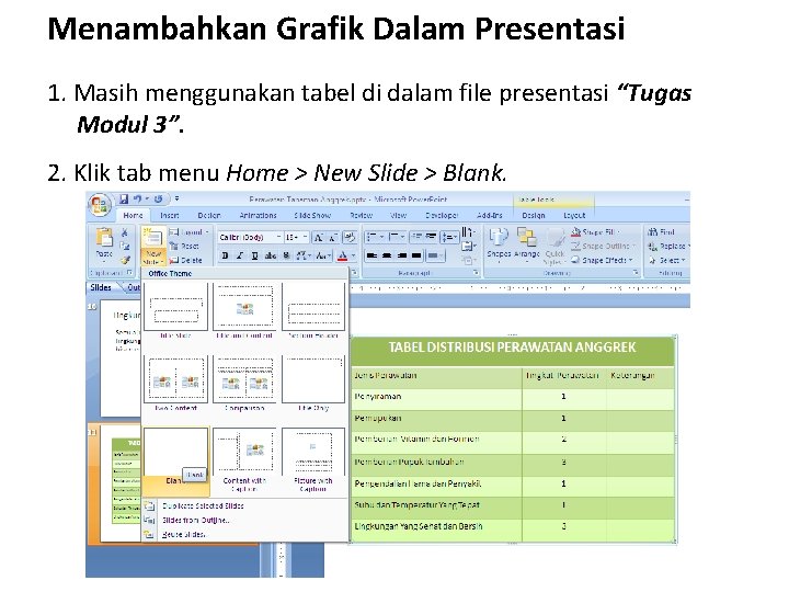 Menambahkan Grafik Dalam Presentasi 1. Masih menggunakan tabel di dalam file presentasi “Tugas Modul