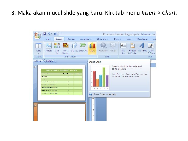 3. Maka akan mucul slide yang baru. Klik tab menu Insert > Chart. 