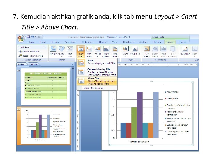 7. Kemudian aktifkan grafik anda, klik tab menu Layout > Chart Title > Above