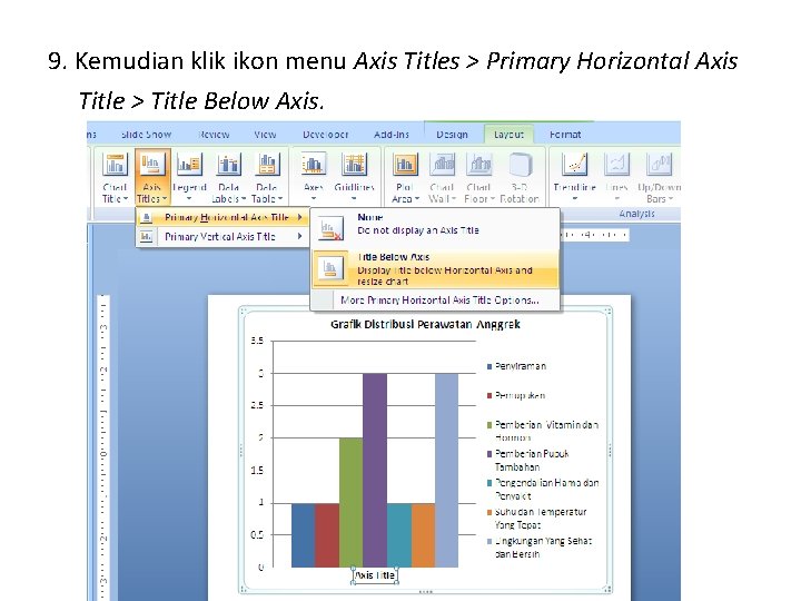 9. Kemudian klik ikon menu Axis Titles > Primary Horizontal Axis Title > Title