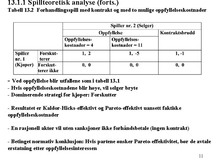 13. 1. 1 Spillteoretisk analyse (forts. ) Tabell 13. 2 Forhandlingsspill med kontrakt og