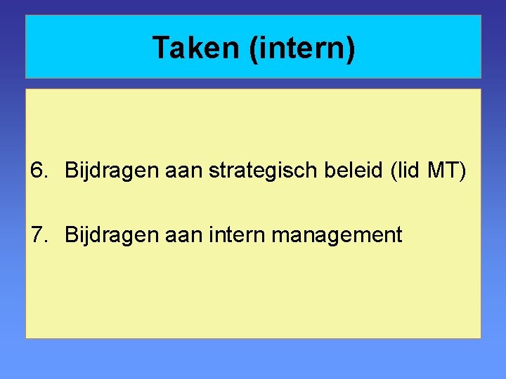 Taken (intern) 6. Bijdragen aan strategisch beleid (lid MT) 7. Bijdragen aan intern management
